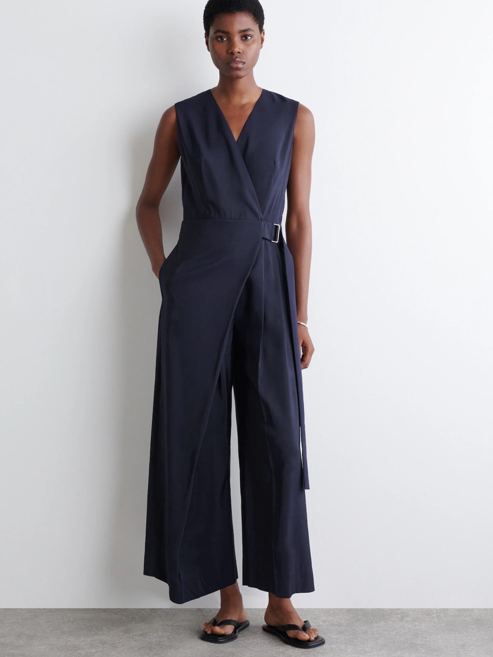COS Wrap Front Black 100% Linen 3/4 Wide Leg Jumpsuit EUR 42/ US Large (10-12)